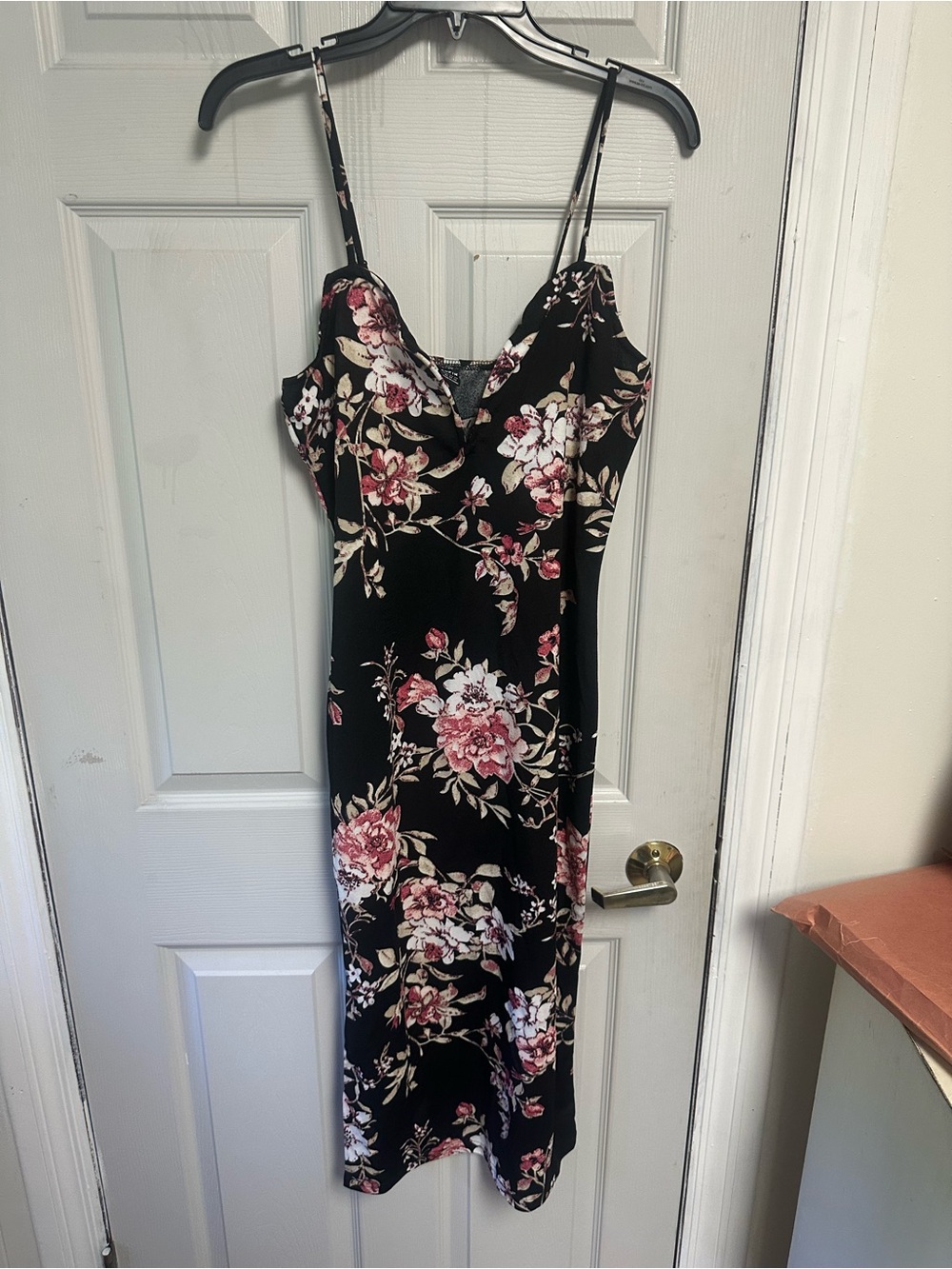 SHEIN Black Midi Slip Dress with Pink Floral Print